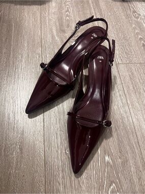ZARA Patent Pointed Slingback Heels in Deep Burgundy